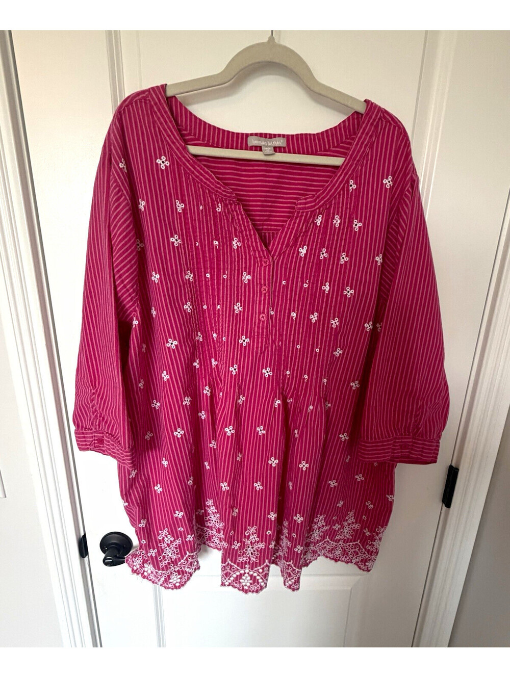Woman Within Tunic Blouse 4X Pink/White Striped Split Neck 3/4 Cotton Emb